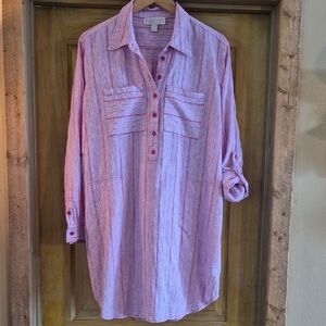 MICHAEL Michael Kors Pink and White Striped Shirt Dress Mini Size XL Pockets